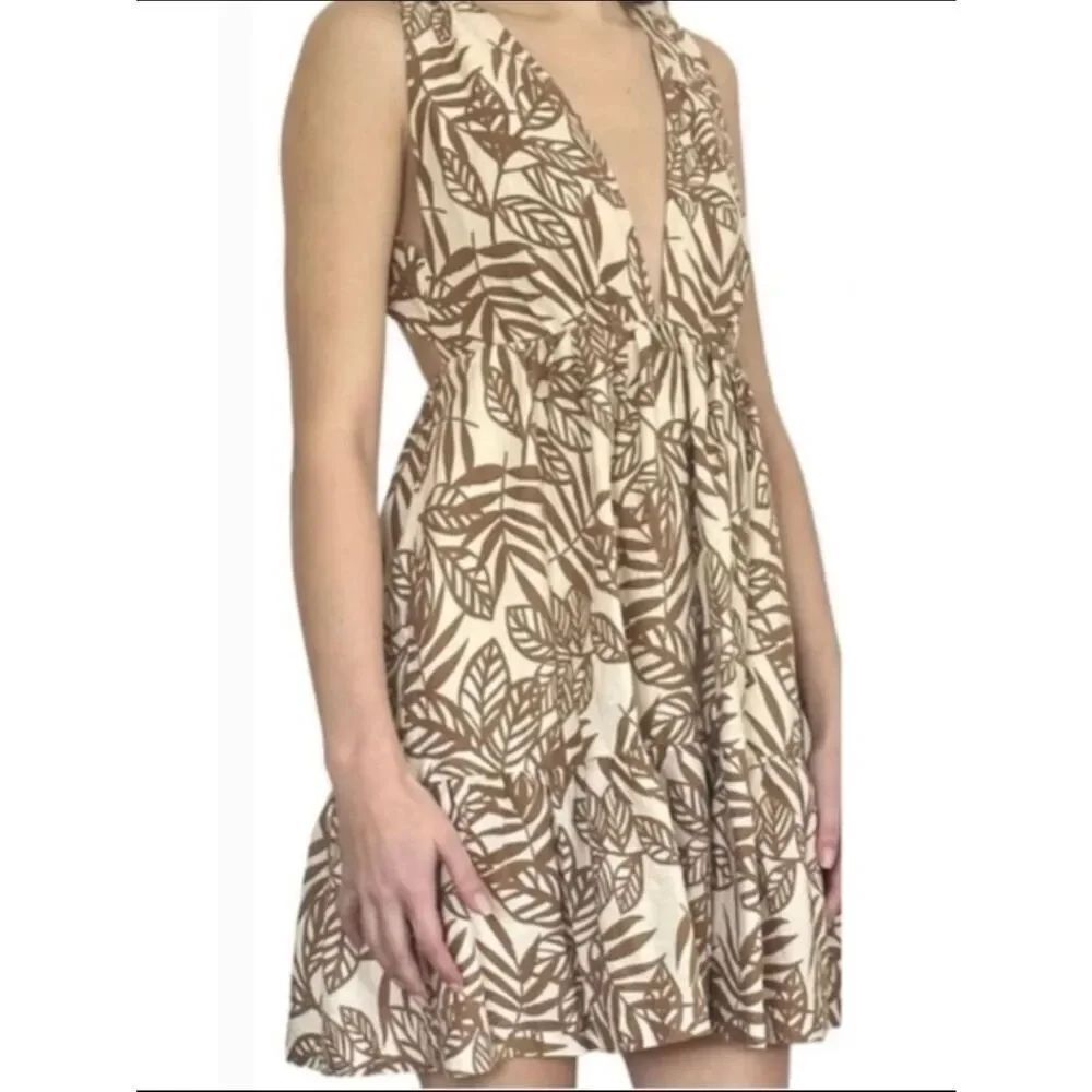 House of Harlow 1960 Linen-Blend Plunge V-Neck Tie-Back Halter Dress Size Medium